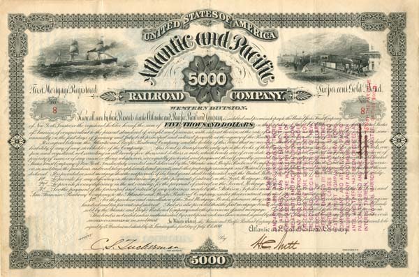 Atlantic and Pacific Railroad Co. - $5,000 Bond (Uncanceled)